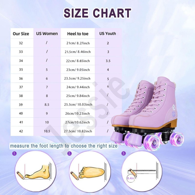 Jessie Roller Skates Women and Girl, PU Leather Light up Kids Roller Skates, Cute Adjustable Four-Wheel Beginner Wome Roller Skates Girls Ages 8-12 Outdoor (Women's 8.5,Purple Printing)