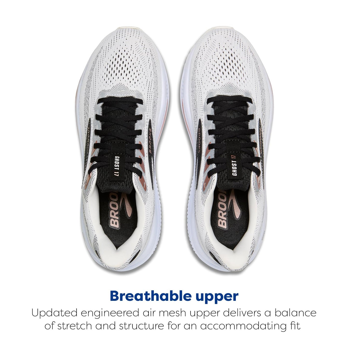 Brooks Women’s Ghost 17 Neutral Running Shoe - White/Black/Rose Gold - 8 Medium