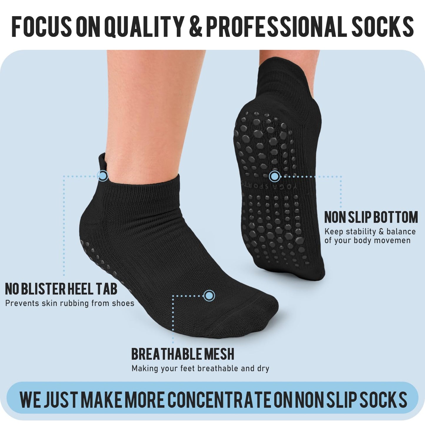 FuelMeFoot Men's Non Slip Yoga Socks with Grips Anti Slip Socks with Cushion for Hospital, Pilates, Fitness Grippy Socks