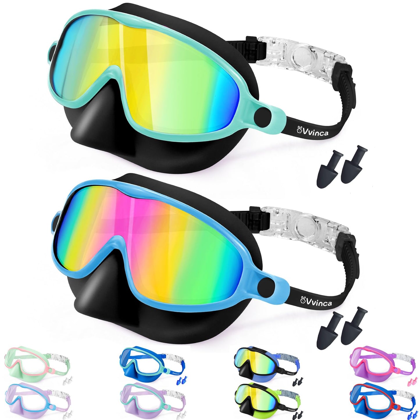 Vvinca Swim Goggles with Nose Cover, 2 Pack Wide View Diving Mask Anti-Fog UV No Leak Toddlers Swimming Goggles for Kids 3-12