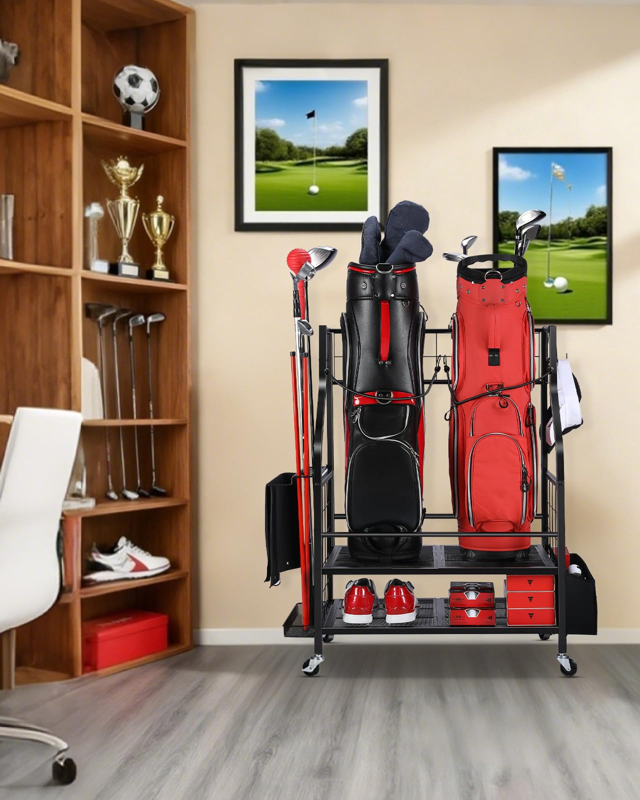 FHXZH Golf Bag Storage Garage Organizer - Golf Bag Stand Fit for 2 Bag, Extra Clubs, Balls, Shoes, and Golf Equipment Accessories, Golf Storage Rack for Garage, Club, Shed (2 Golf Bag Rack)