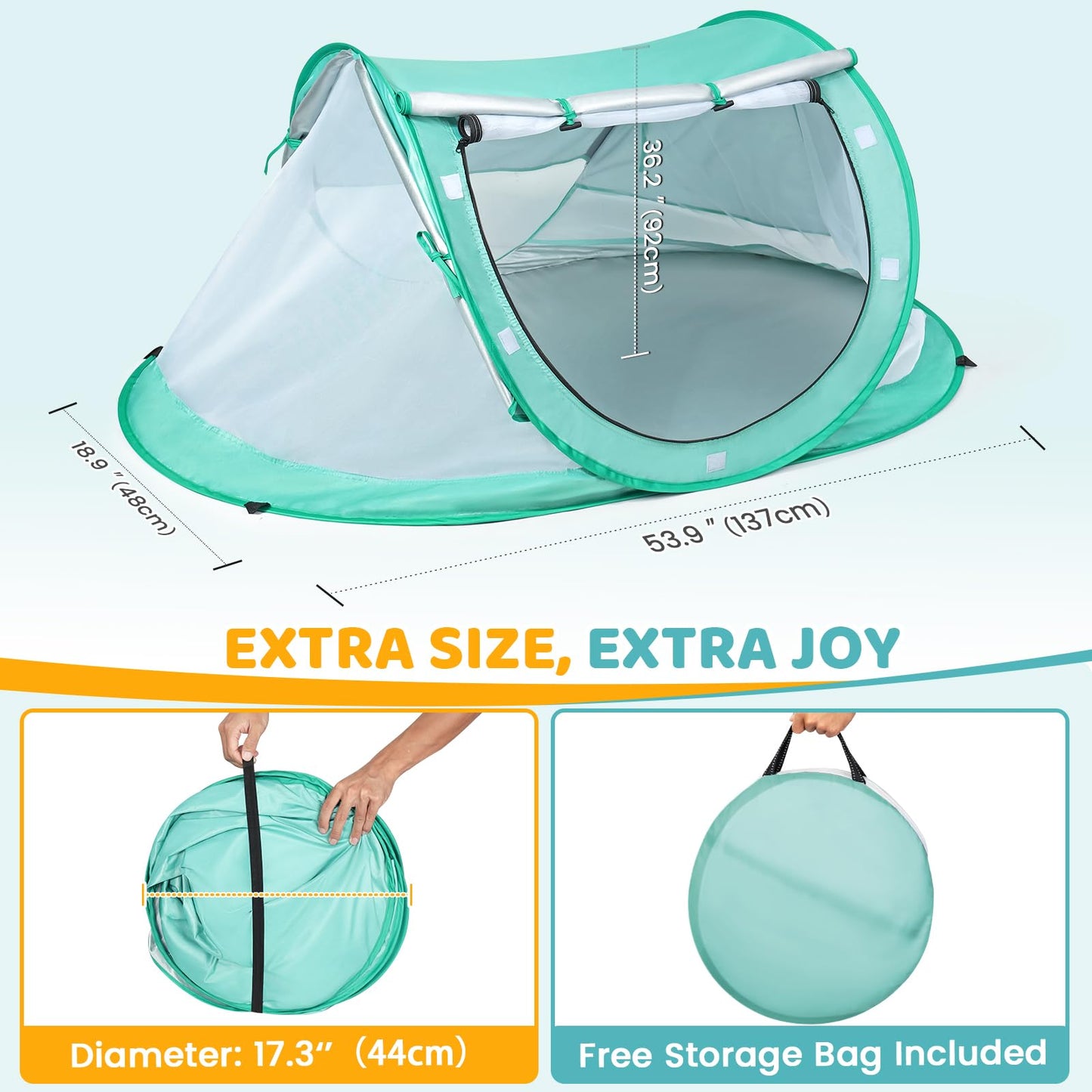 Orzbow Baby Beach Tent, Large Pop Up Beach Tent Sun Shelter with Mosquito Net, UPF 50+ UV Protection Sun Shelter, Portable with Carry Bag & 4 Stakes, Baby Summer Essentials for Boys and Girls, Green