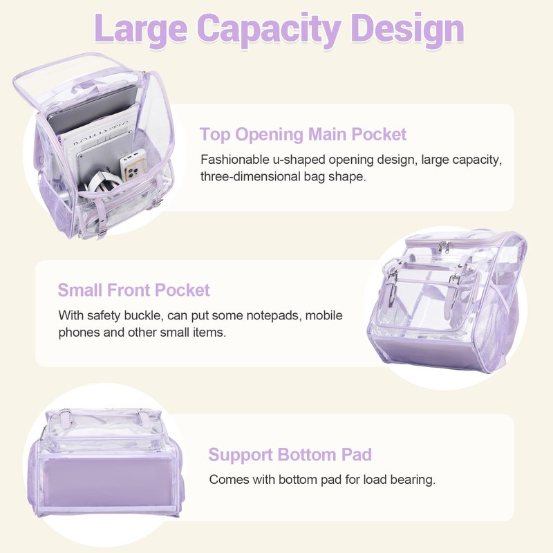 DIGOBAY Clear Backpack with Lunch Bag Set, Leather Clear Backpack Heavy Duty Thick PVC Bookbag Fashion See Through Transparent Backpacks with Support Pad for College Travel Work Purple