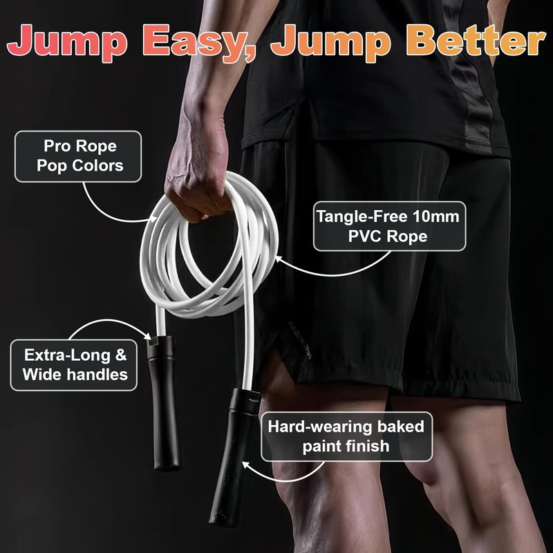 Weighted Jump Rope for Men & Women - 1LB Heavy Adjustable Skipping Rope, 10mm PVC with Ball-bearing for Speed, Cardio, Boxing, CrossFit - Tangle Free, Home & Gym Workout Fitness, White