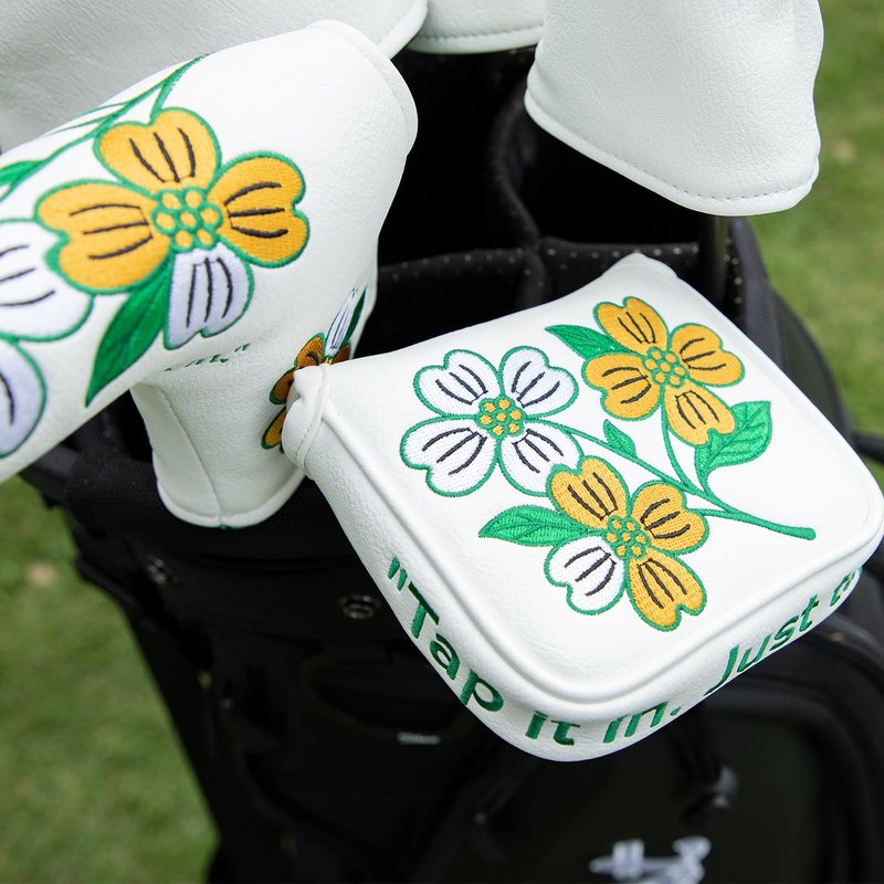 Golf Square Heel Shaft Mallet Putter Cover Headcover, Flower Magnetic Closure Elegant Embroidery Premium Leather Golf Mallet Putter Covers