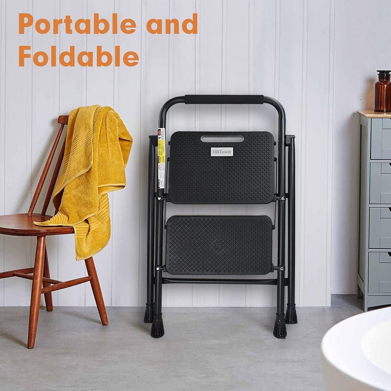 HBTower 2-Step Ladder - 500 lbs Capacity Folding Step Stool with Anti-Slip Pedals & Convenient Handgrip | Lightweight Black Design