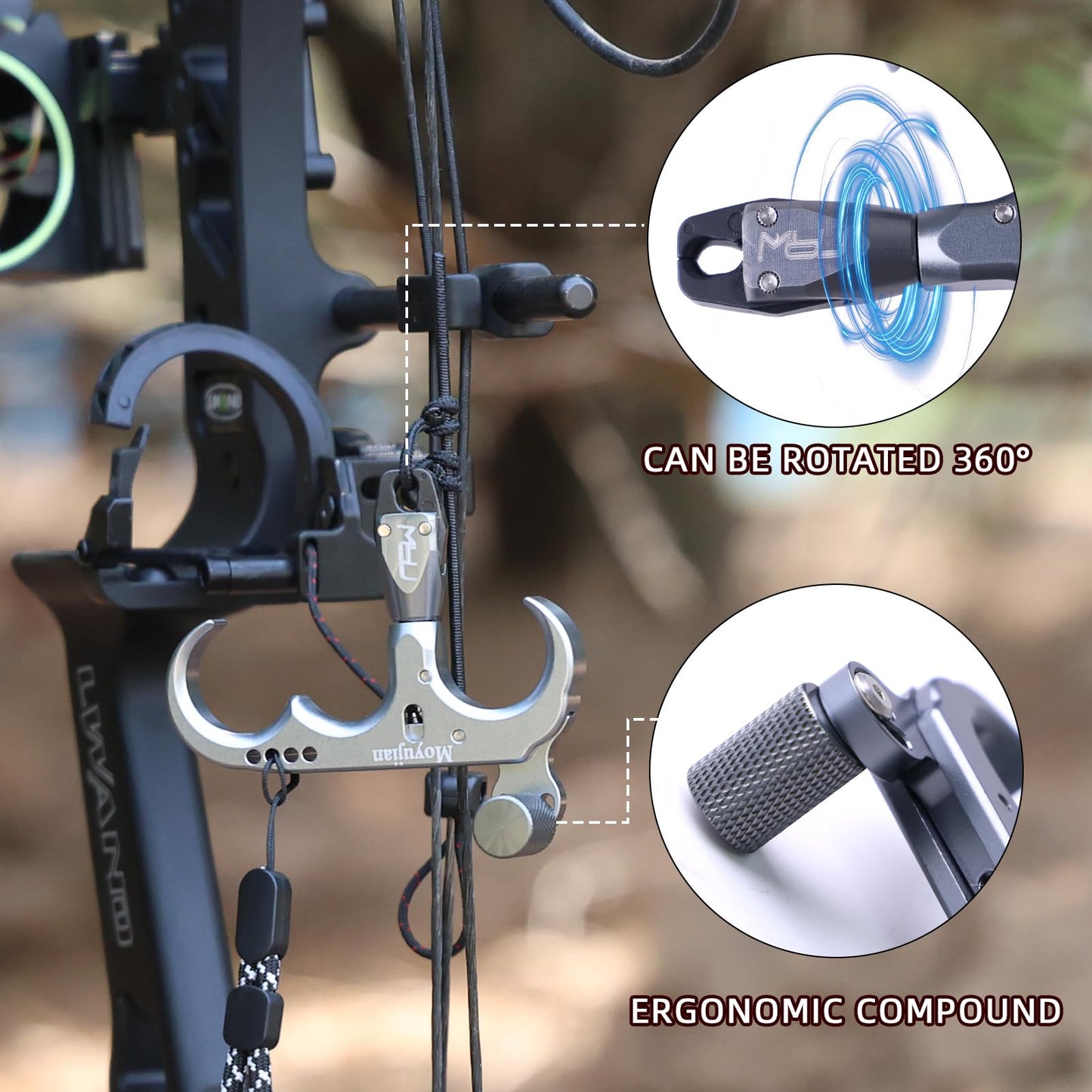 MOYJ Compound Bow 3 Finger Thumb Release 360-Degree Rotational Automatic Closure Jaw 2 Color Release Aids Trigger Adults Youth Archery Bow Release (Titanium Gray)
