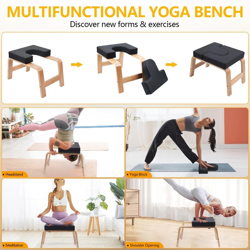 QVEEQ Yoga Headstand Bench, Yoga Inversion Chair, Headstand Trainer with Wood Frame and Pu Pad,Stand Yoga Chair Stress Relief, Balance Training, Body Shaping, Load-Bearing Capacity 300 Pounds