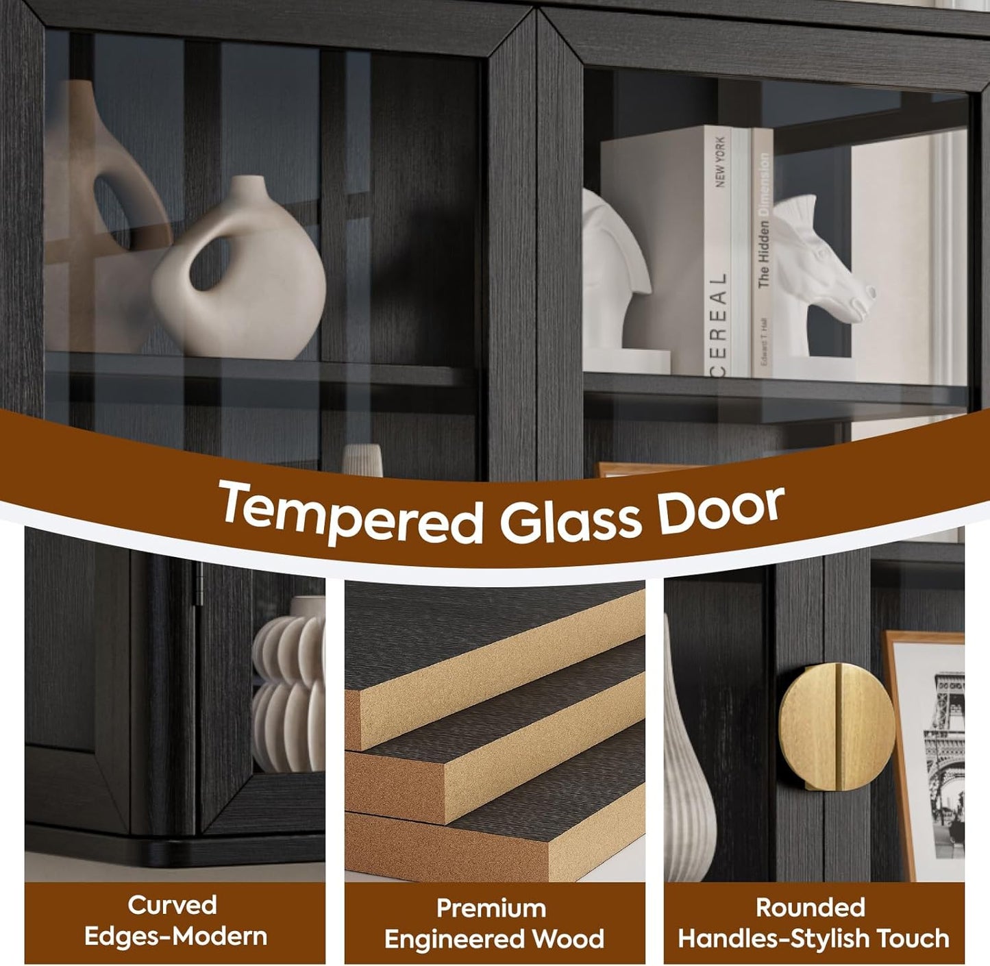 Bathroom Wall Cabinet Set of 2 - 56" Floating Display Cabinet with Glass Doors | Adjustable Shelves, Black with Golden Handles
