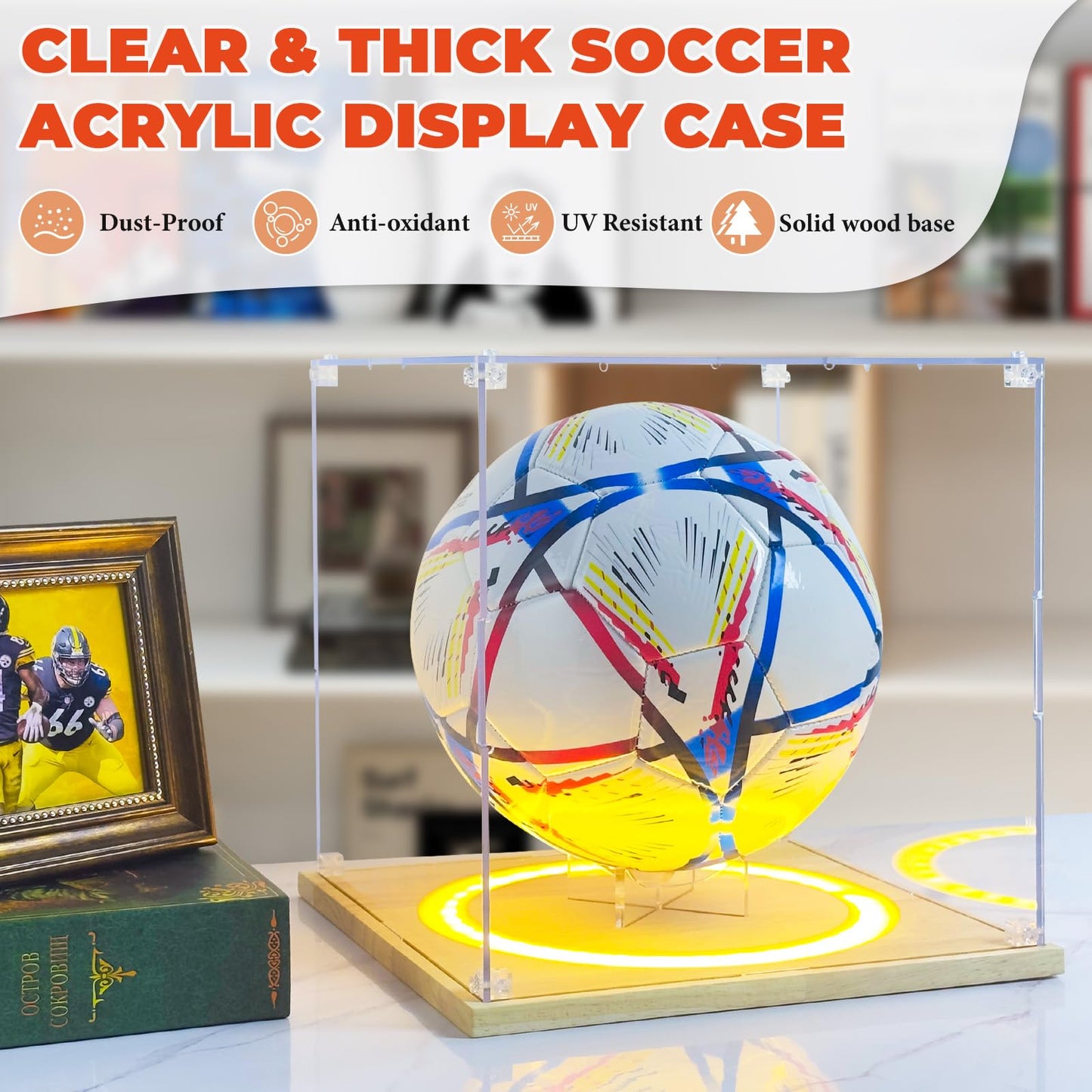 DORYBEN Soccer Display Case with Light,Full Size Acrylic Box with Removable Built-in Ball Display Stand, UV Protected Clear Case for Soccer Fans & Collectors, Sports Collectibles