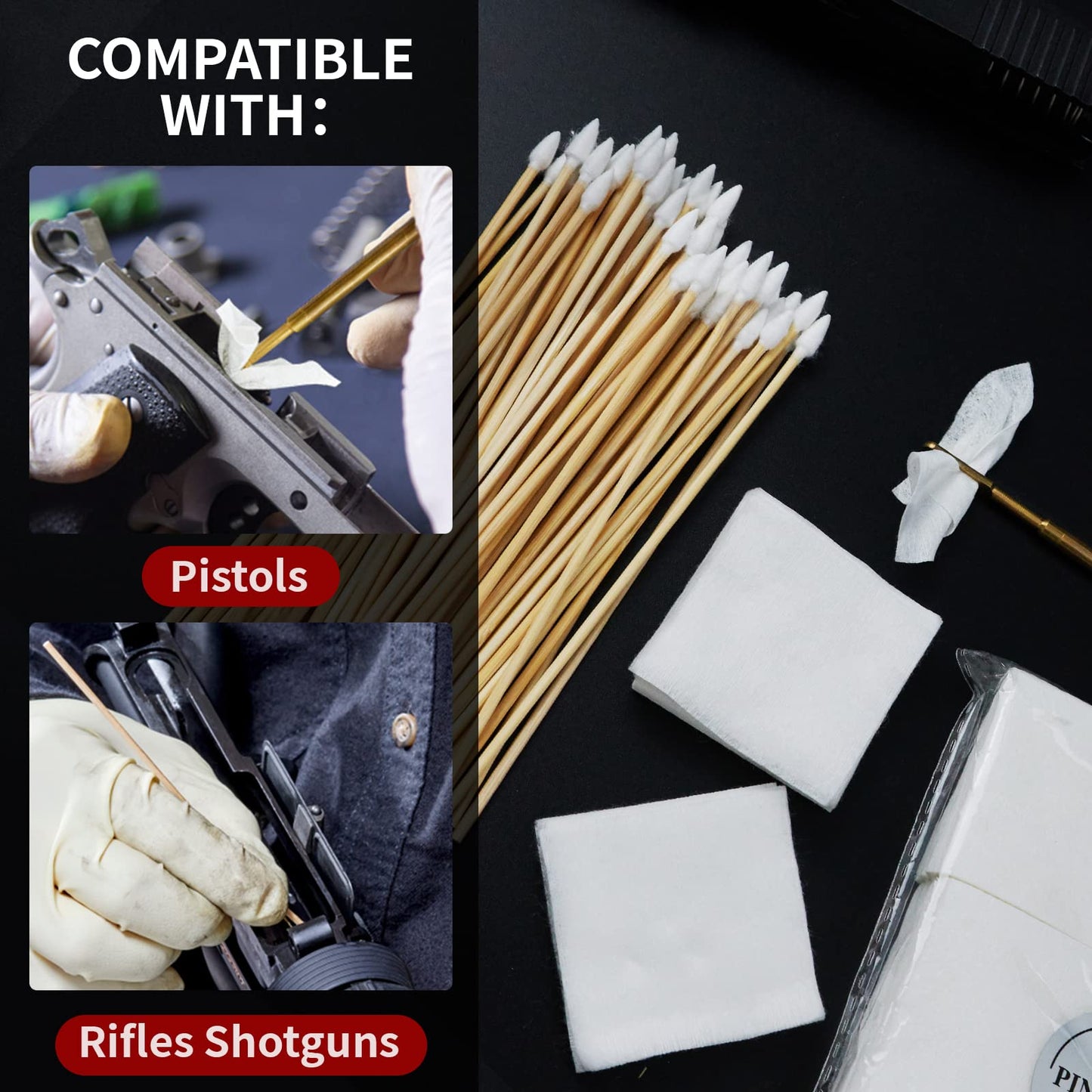 PINGMIC Gun Cleaning Supplies - 300PCS Gun Cleaning Patches and 300PCS Gun Cleaning Swabs, 6-inch Pointed Gun Swabs, 2" x 2" Lint Free Gun Patches - Fit Most Calibers Gun Cleaning Kit Supplies