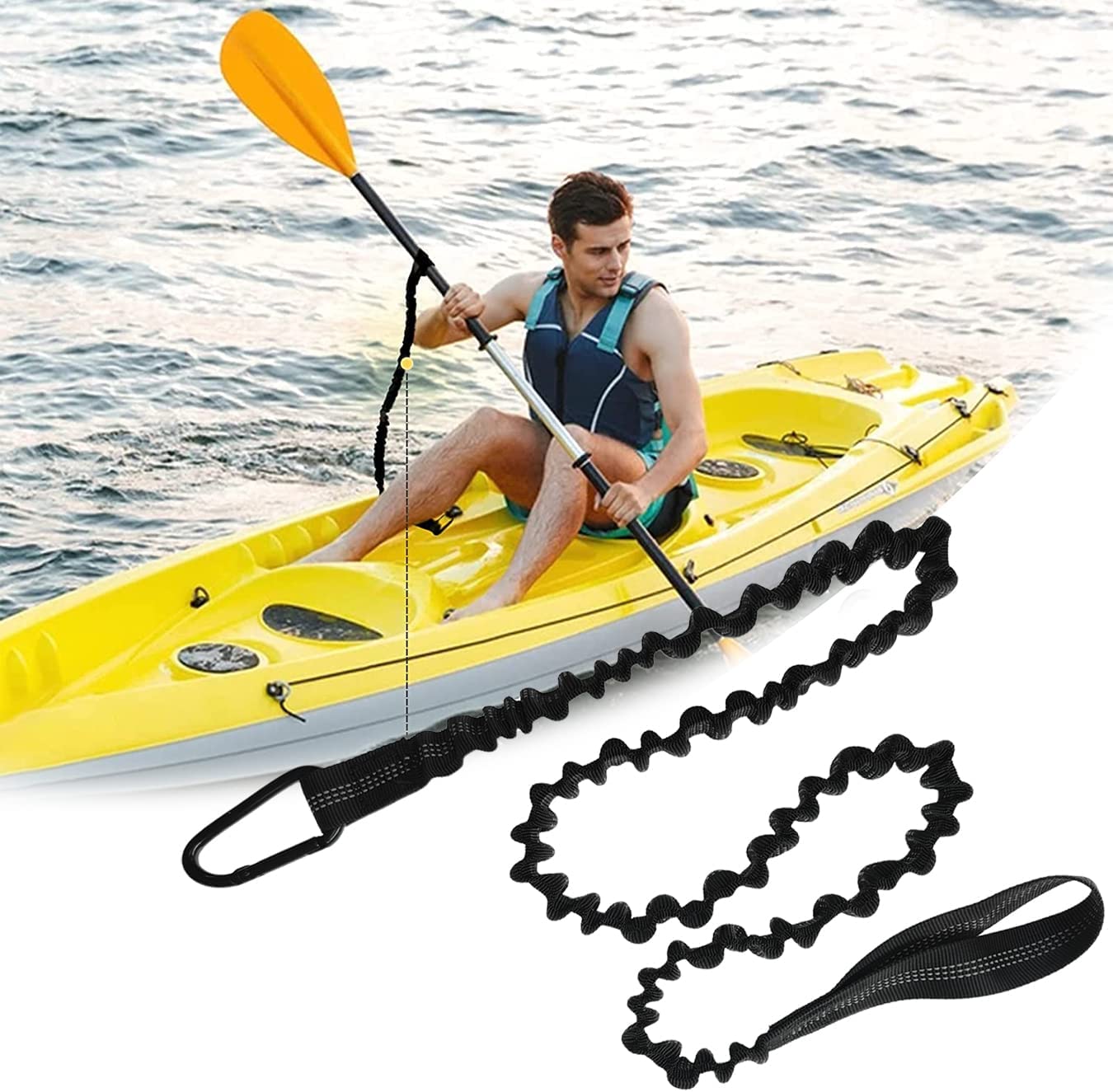 Lvsnro Paddle Leash Kayak Paddle Holder Tool Lanyard - 2 Pack Stretchable Paddle Strap with Carabiner Secure Leash Lanyard Rope for SUP Kayak Canoe Paddle Fishing Pole Rod (Black-2pcs)
