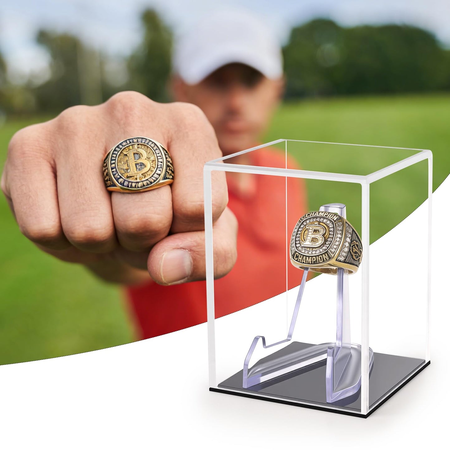 Hooqict Championship Ring Display Case Clear Acrylic Ring Case Display Box UV Protected with Base for Sports Baseball Softball Football Single Ring Coin Holder Stand