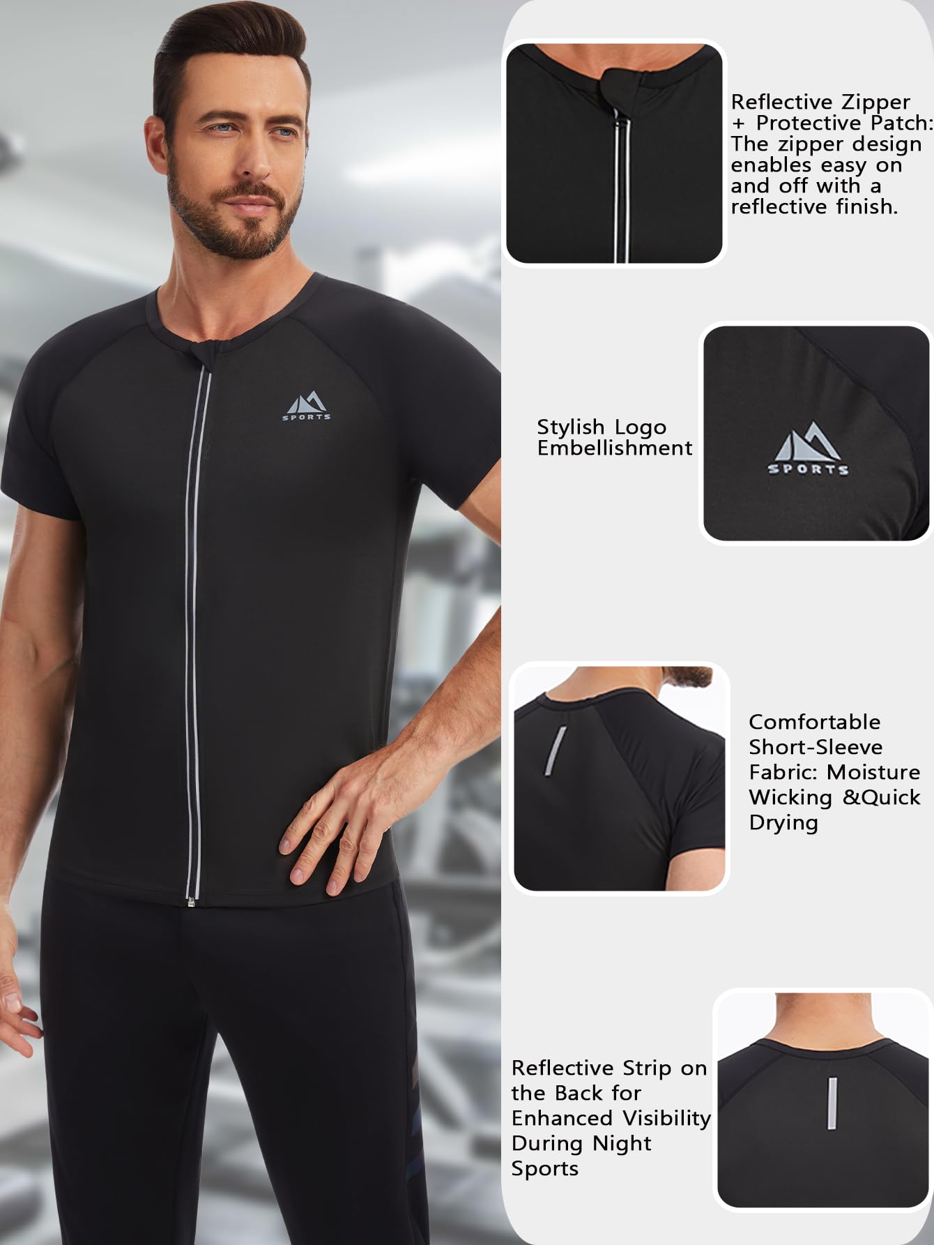 Sauna Shirt for Men Sauna Suit Short Sleeve Sweat Shirt Zipper T-Shirt