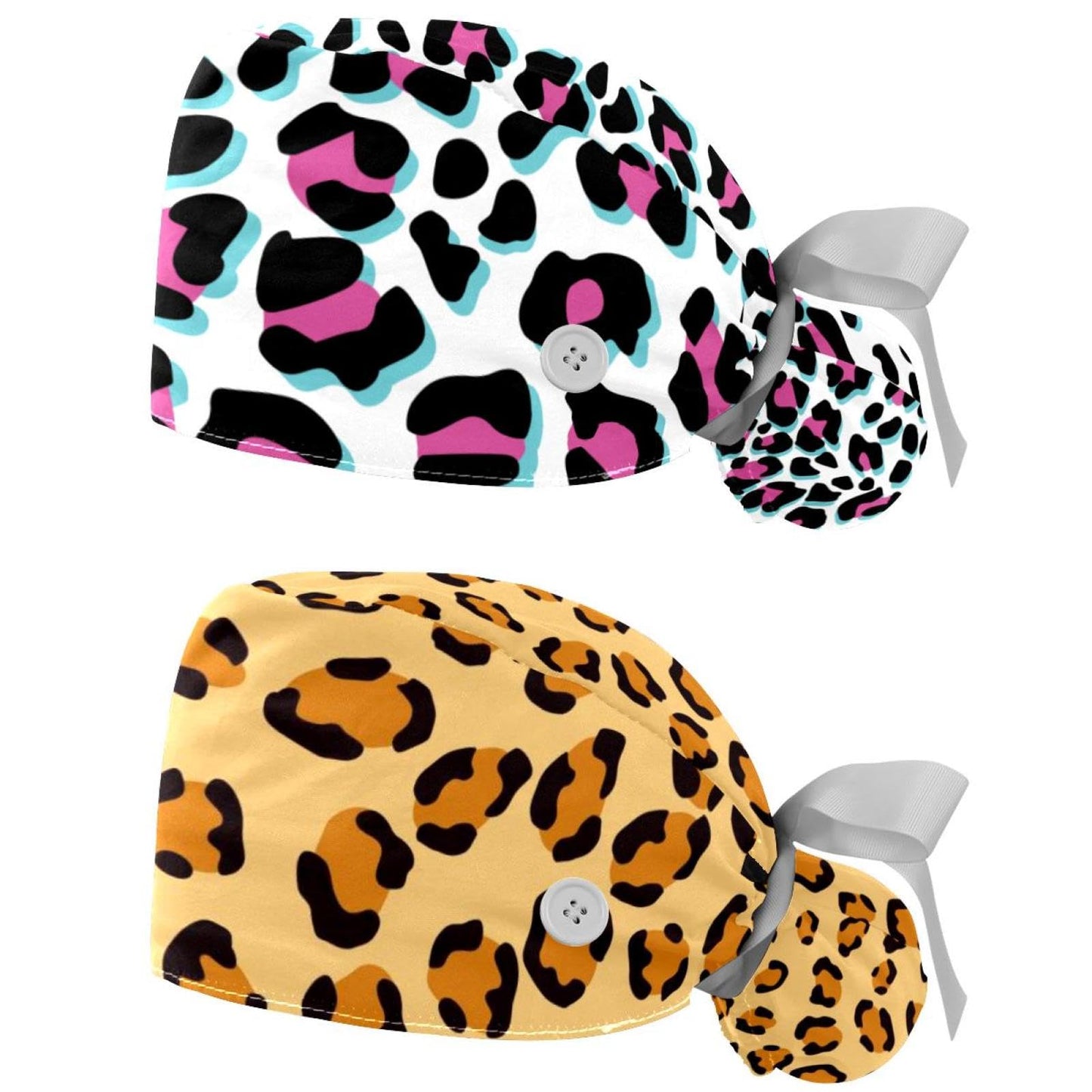 Generic 2 Pcs Leopard Unisex Bouffant Scrub Hats Women with Buttons Adjustable Nurse Caps for Women