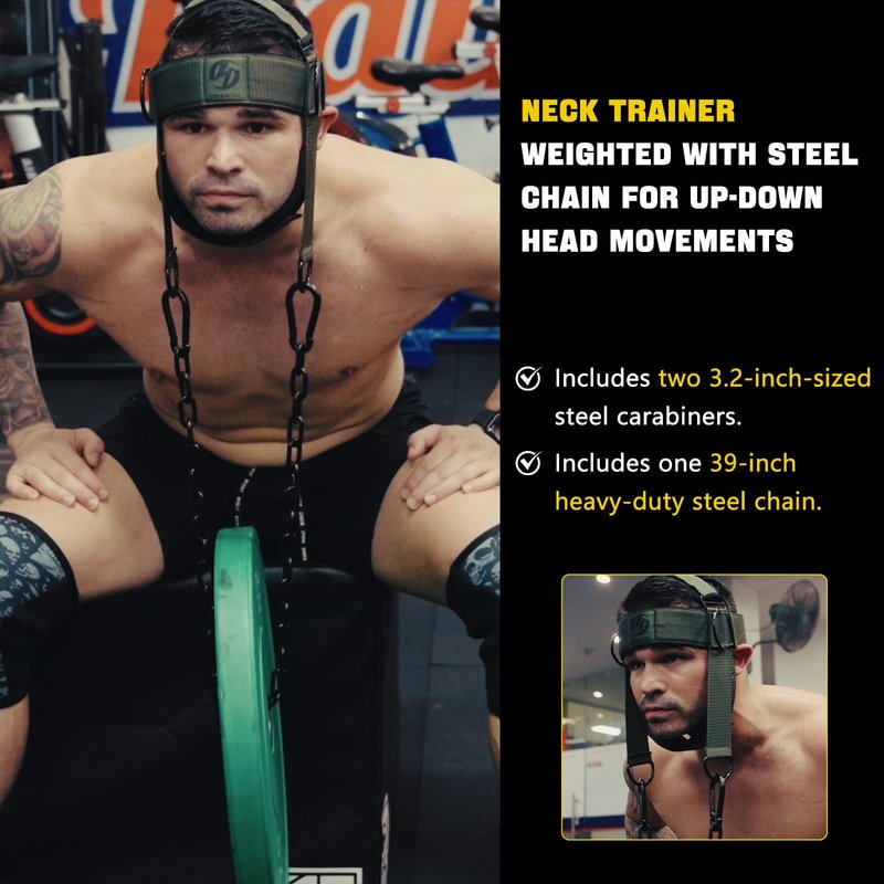 Neck Harness for Increases Neck Core Strength - Neck Exerciser with 30" Heavy Duty Steel Chain for Safely Lifting Weights Up to 280 lbs Green