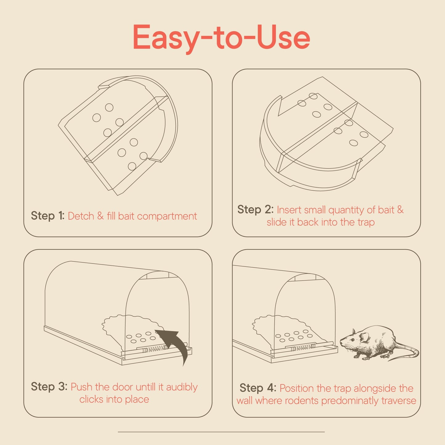 Campior Humane Mouse Trap Pack of 4, Live Mouse Traps Catch and Release for Indoors & Outdoors, Pet & Child Safe, 7.87" Reusable Plastic Mouse Cage with Spring Door, Cleaning Brush Included, Black