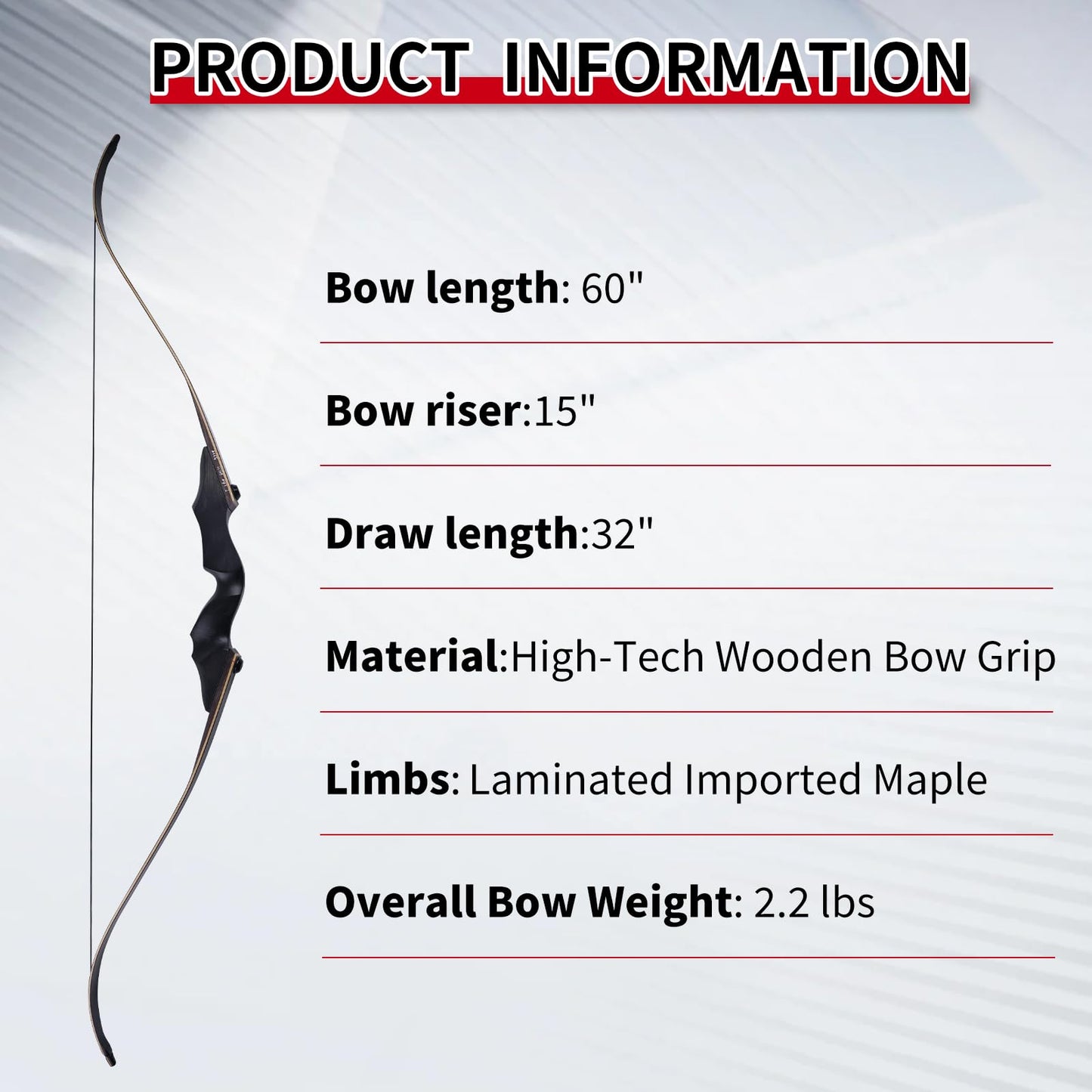 Black Hunter Recurve Bow 60" Right-Handed Bow Ergonomically Designed for Comfortable Grip Suitable for Beginners and Longbow Enthusiasts to Train Or Hunt (35LB Bow Without Arrow Set)
