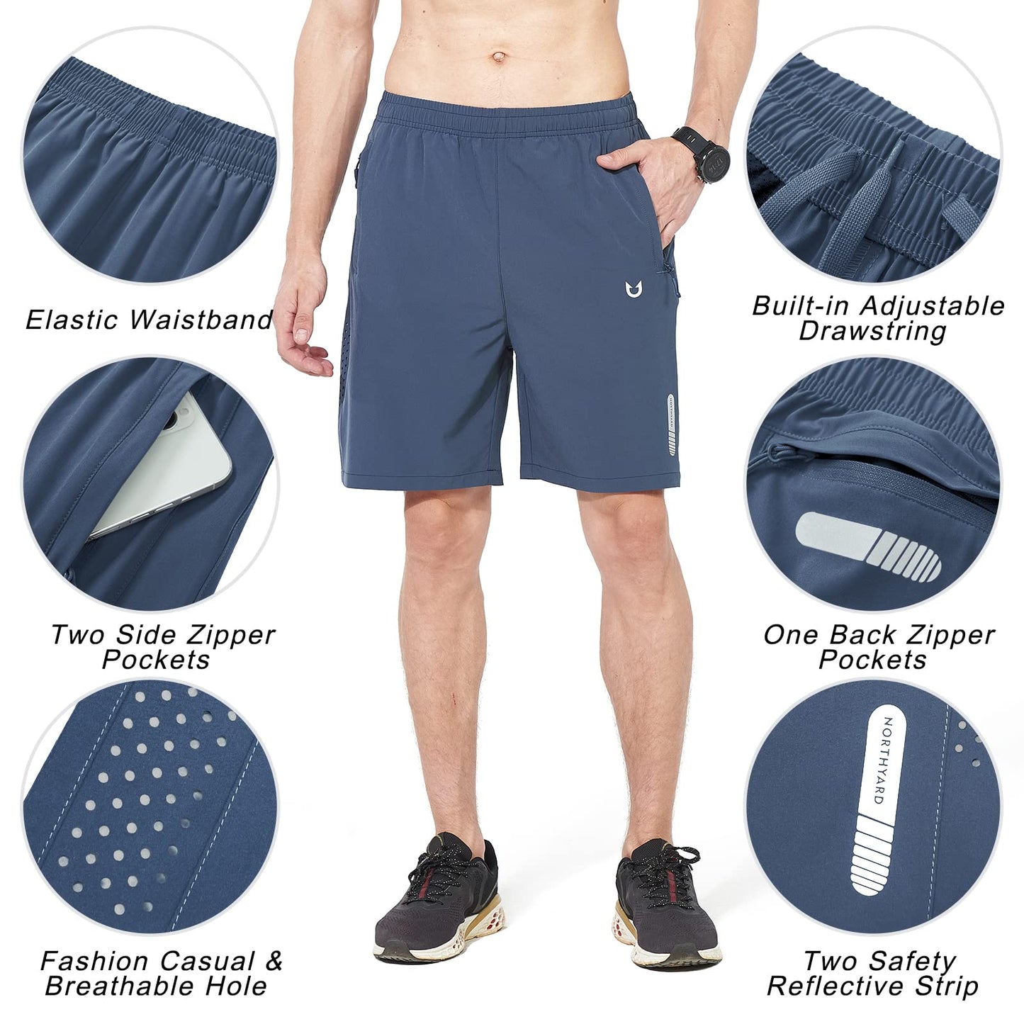 NORTHYARD Men's Athletic Running Shorts Gym Workout 7"/9"/5" Quick Dry Lightweight Sports Basketball Tennis 3 Zipper Pockets FEDERALBLUE XL
