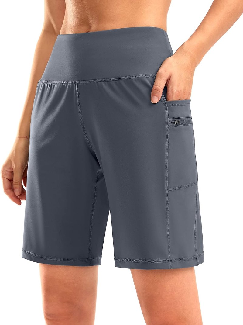 High Waisted Bermuda Shorts for Women - Athletic Knee Length with Zipper Pockets | Comfortable Fit