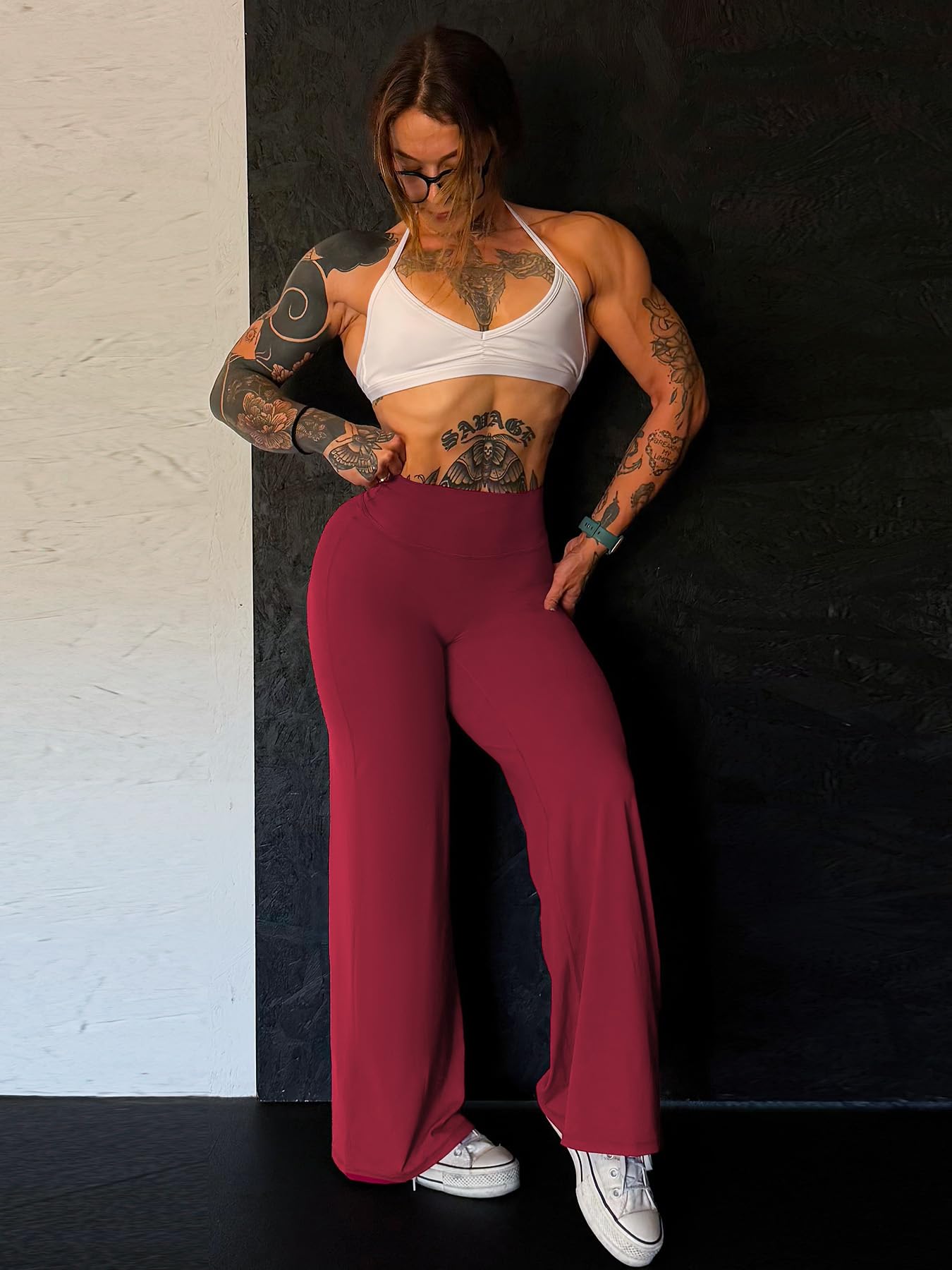 YEOREO Workout Leggings Womens No Front Seam Straight Leggings 33" High Waist Buttery Eddiy Gym Yoga Pants Ancora Red XS