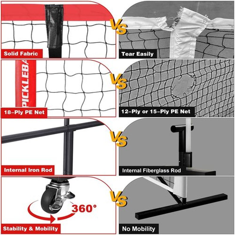 Fostoy Portable Pickleball Net with Wheels, Regulation Size 22 FT & Half Court 11 FT, Steady Metal Frame for Backyards, Driveways, and Garages (Black&Red)