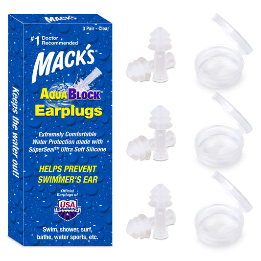 Mack's AquaBlock Swimming Earplugs, 3 Pair - Comfortable, Waterproof, Reusable Silicone Ear Plugs for Swimming, Snorkeling, Showering, Surfing and Bathing (Clear)