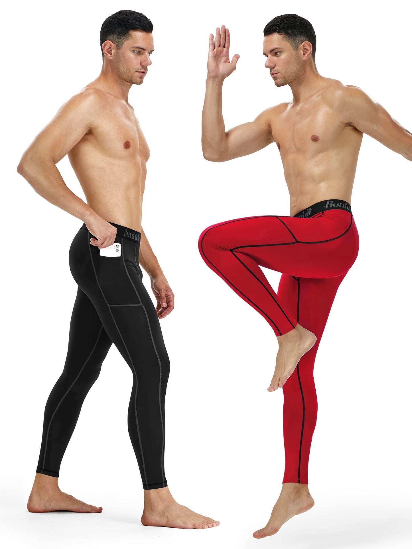 Runhit Compression Pants for Men Leggings with Pocket Running Tights Workout Jogger Winter Thermal Pants for Men Base Layer Red Black 2 Pack Small