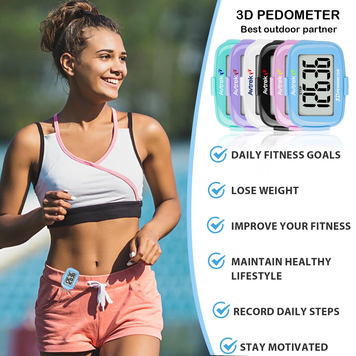 AVTREK 3D Step Counter Clip On with LED Backlight Pocket Pedometer for Walking Outdoor Activities Fitness Tracker Without Smartphone (Black)