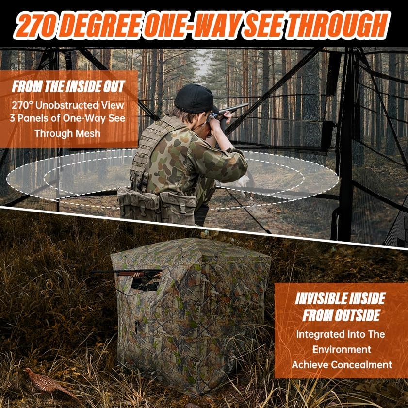 Hunting Blind - 270° See-Through Ground Blind for 2-3 People | Portable Camouflage Tent with Full Open Door