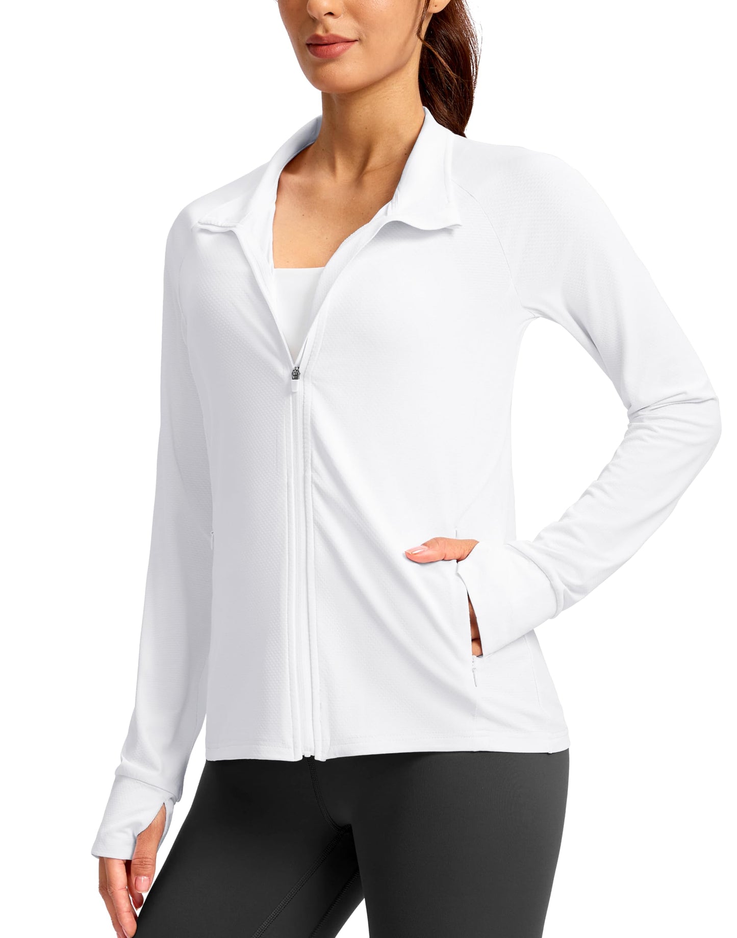 G Gradual Women's UPF 50+ Lightweight Athletic Jacket Sun Protection Zip Up 4 Pockets Long Sleeve Shirts Workout Running, White, L