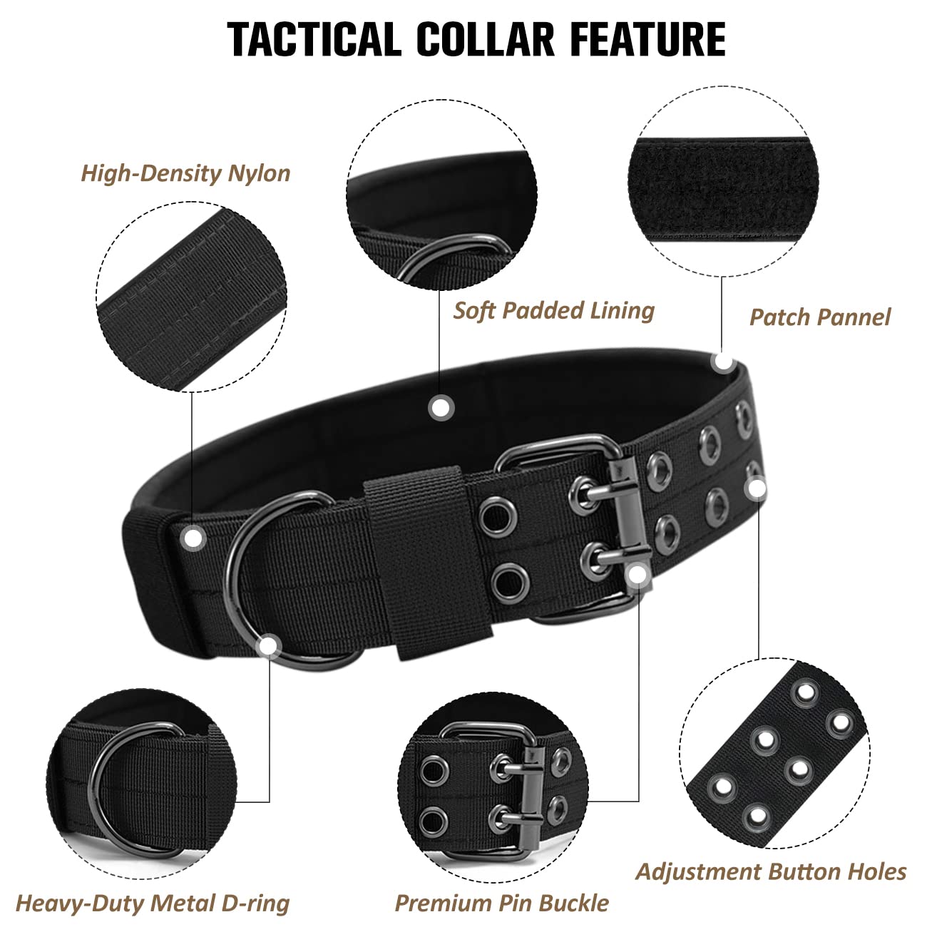 Tactical Dog Collar Military Adjustable Dog Collars Soft Nylon Training Collar with Patch Heavy Duty Metal Buckle Collars for Medium Large Dogs (Black-1, L)