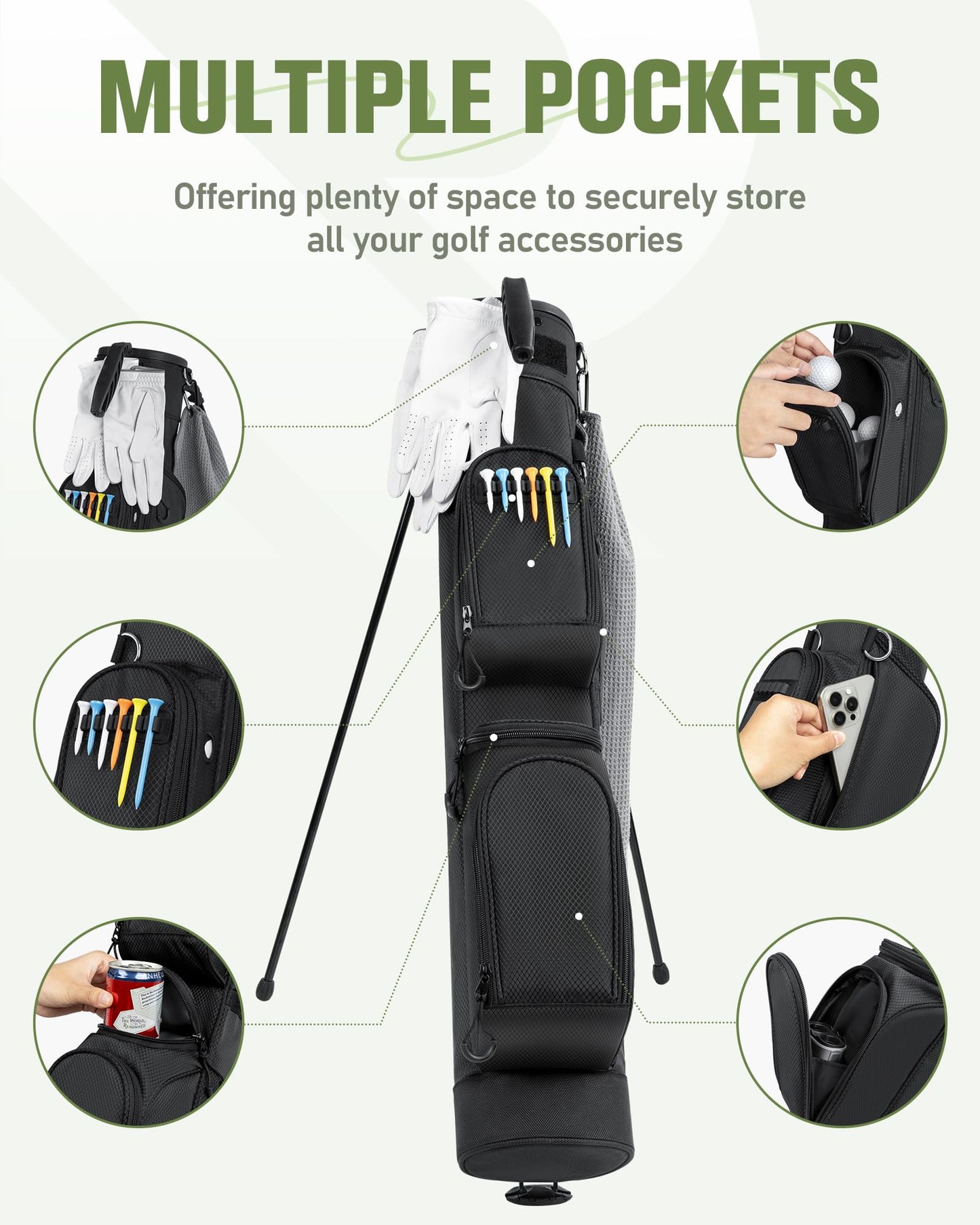 RIOROO Golf Stand Bag, 3 Way Lightweight Par 3 Golf Bag Dividers Fits Up to 9 Clubs, Easy to Carry Pitch n Putt Golf Bag for Driving Range and Executive Courses