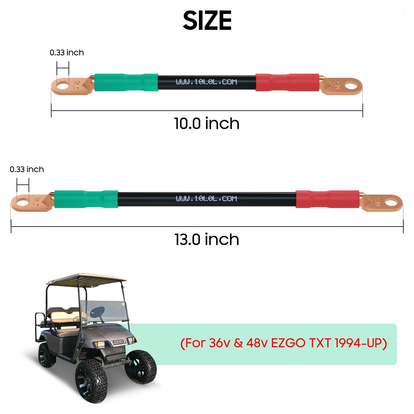 10L0L Golf Cart Battery Cables 4 Gauge for 36v & 48v EZGO TXT 1994-UP, AC/DC Wire Golf Cart Battery Pure Copper Wiring Kit with Heavy Duty Wire Lugs-Red & Green