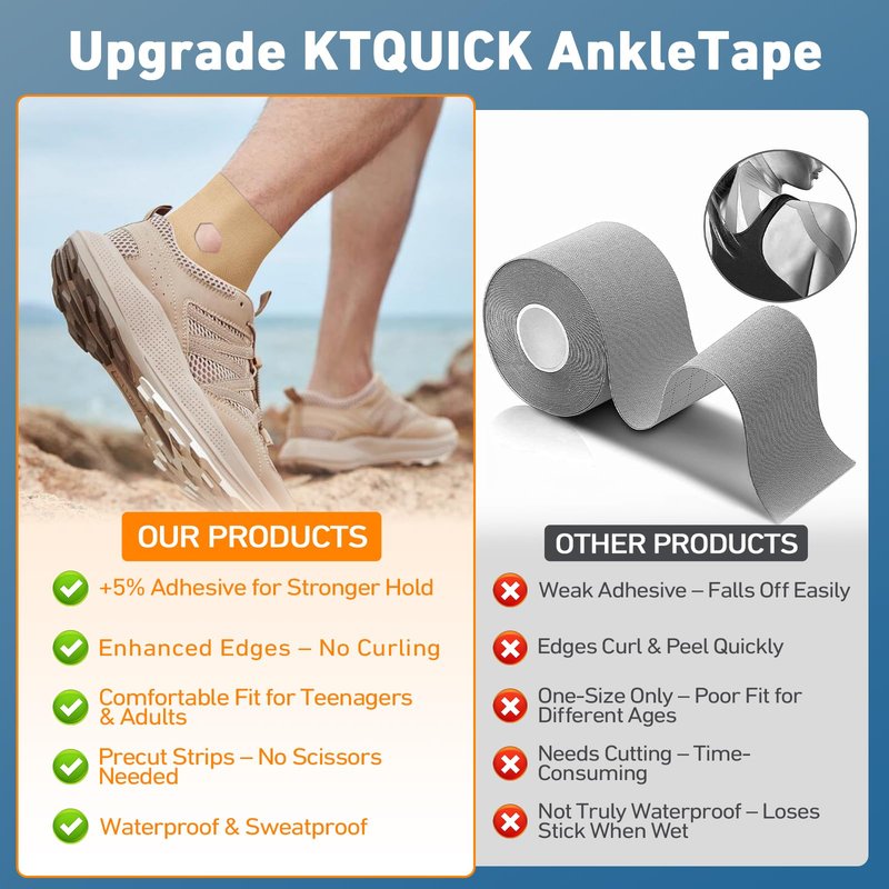 Precut Kinesiology Tape for Ankle, Upgraded Ankle Tape Athletic 12PCS, KTQUICK Tape for Ankle Support & Pain Relief, 5% Stronger Adhesive, Waterproof & Breathable Cotton Kinesiology Tape Ankle(Beige)