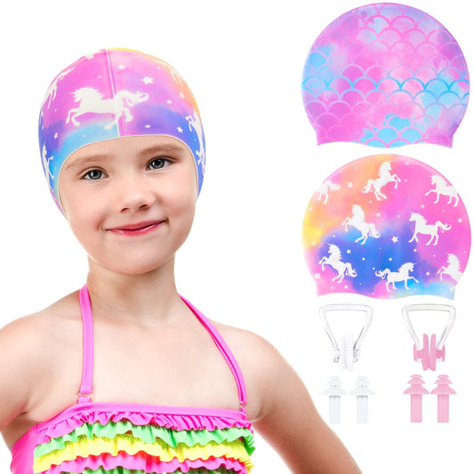 2 Pack Kids Swim Cap Durable Silicone Swim Caps for Boys Girls Toddler Waterproof Bathing Pool Swimming Caps