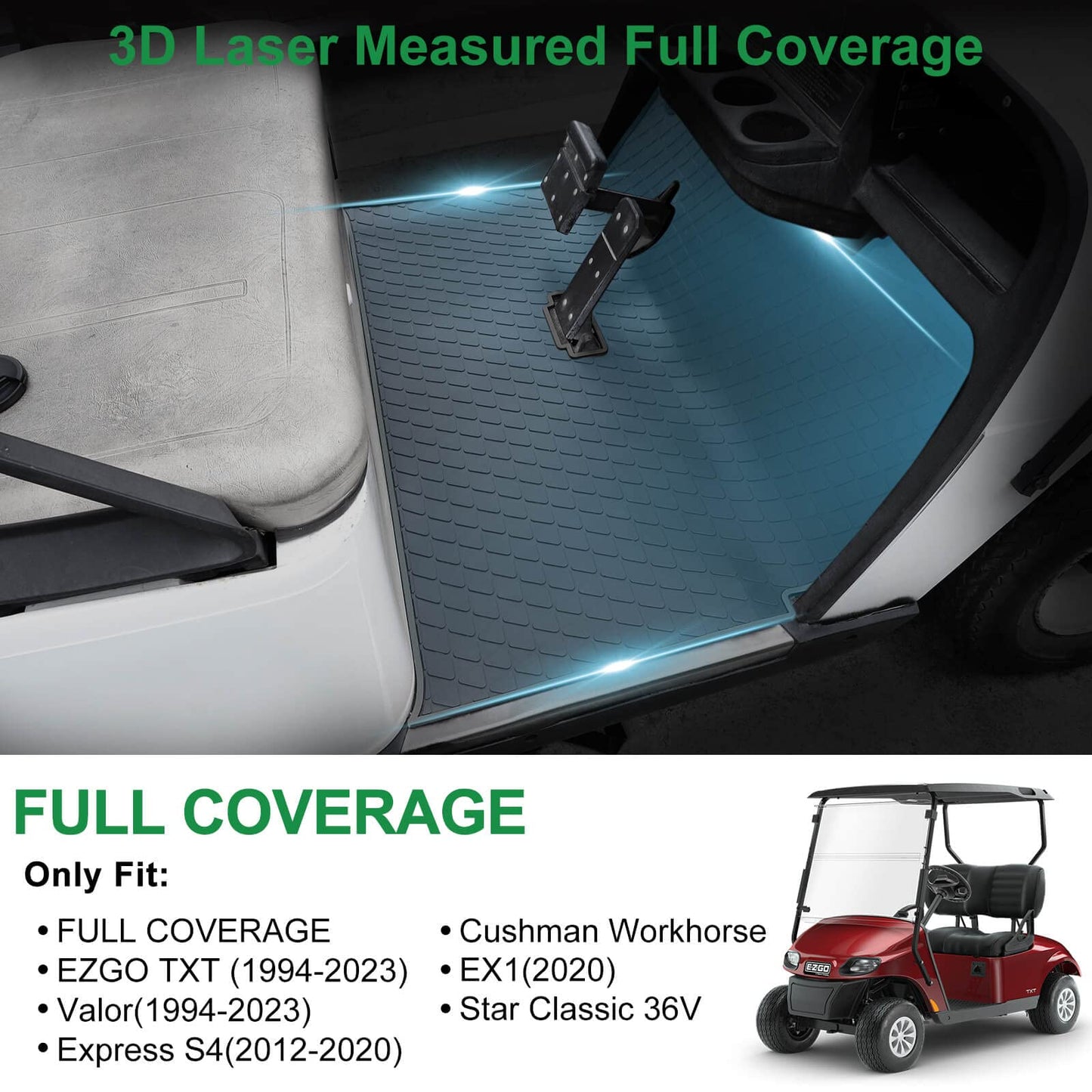Golf Cart Floor Mat for EZGO TXT, Full Coverage Floor Liner Mat Replacement for EZGO TXT, Express S4 (2012-2020), Workhorse,Valor, Star Classic 36V Models Non-Slip&Easy to Clean Black