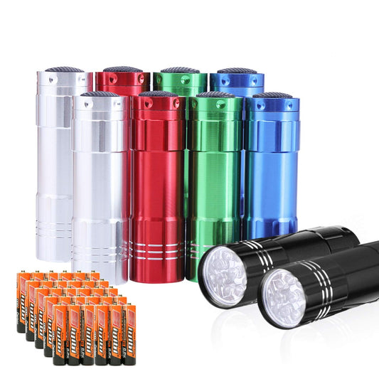 yikosam 10 Pack of Flashlights 9 LED Mini Aluminum Flashlight Bulk with Lanyard 30 AAA Batteries Included Assorted Colors Handheld Flashlights for Hurricane Supplies Camping, Night Reading, Cycling