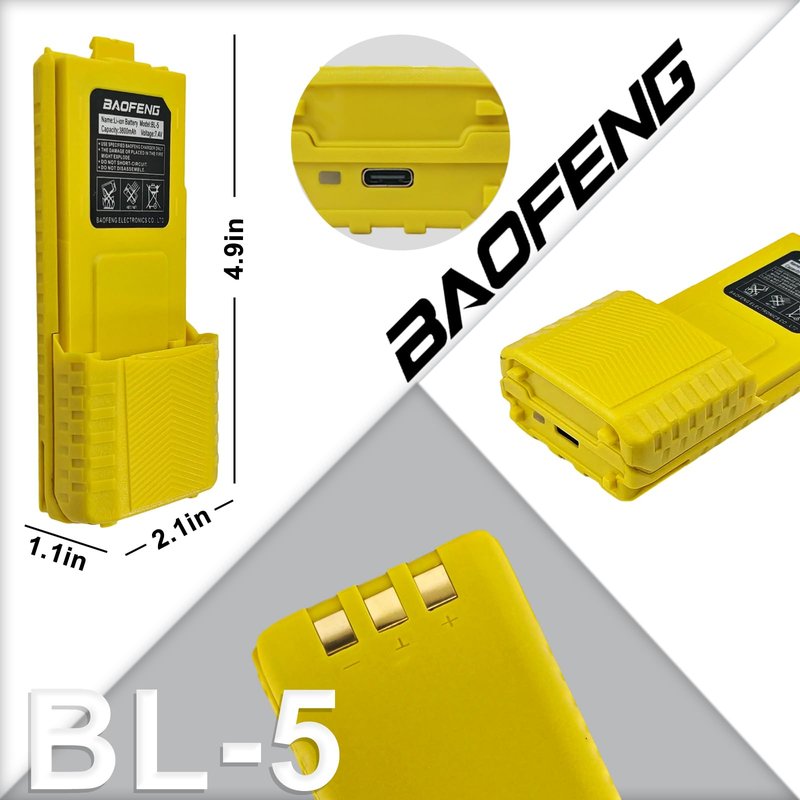 BAOFENG UV-5R Radio Battery Extended 3800mAh USB-C Charging Yellow Replacement for BF-F8HP New Version for BF-F8 Rechargeable Bl-5 Two Way Radio Battery with Type-c Cable