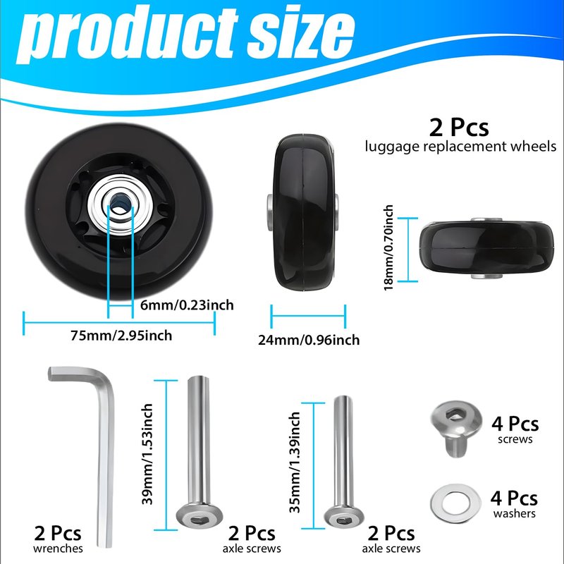 Bntyok 2 Pcs Luggage Replacement Wheels 75x24mm Silent PU Wheel with 608 Bearings, Heavy Duty Repair Kit for Suitcase Travel Bag Rolling Luggage - Smooth Glide Durable ﻿