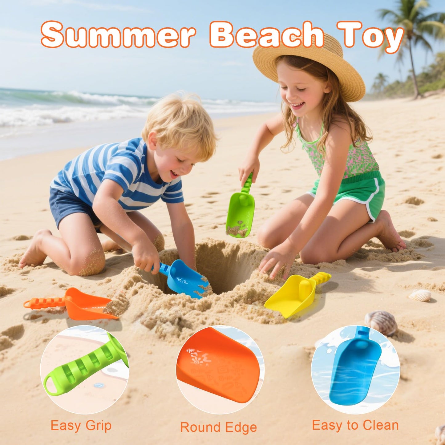 QINGLER Sand Beach Shovels for Kids Heavy Duty Plastic Scoops Toy 4 Pack