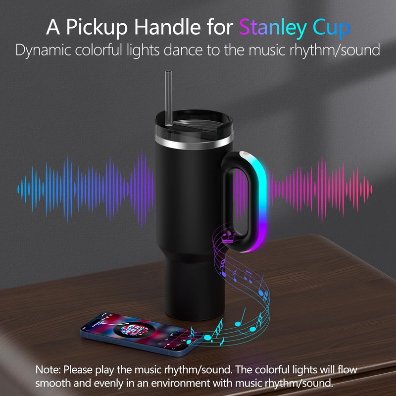 7 Modes LED Light-Up Tumbler Handle for Stanley Cup 40oz/30oz, Tumbler Handle with Pickup Music Rhythm Lights Use for Outdoor Party & Home, Birthday Christmas Valentine's Stanley Gift (H10 Black)
