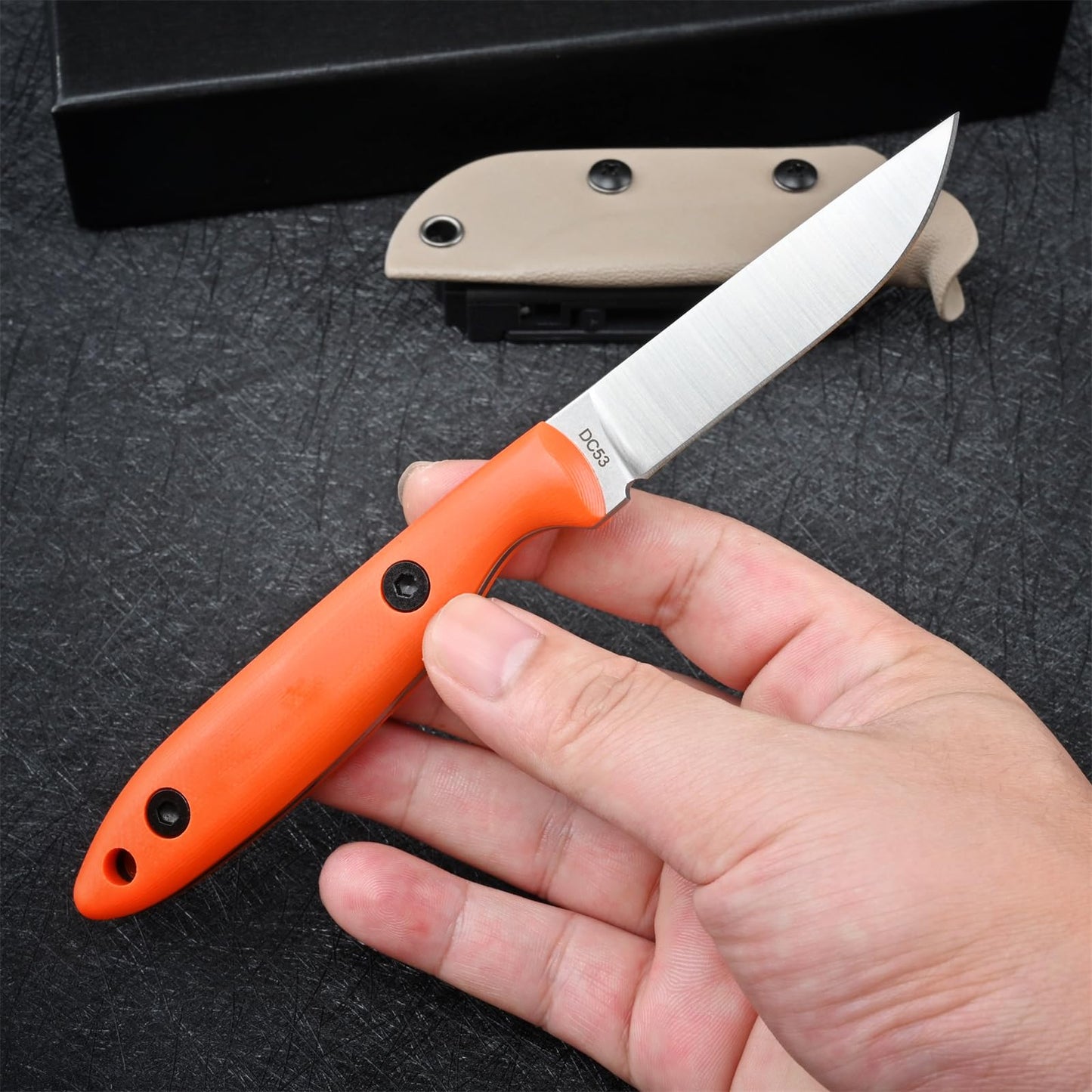 SDOKEDC Knives DC53 Steel Tactical Fixed Blade Knife with kydex sheath for Men EDC Outdoor Camping Survival Hunting (Orange handle)