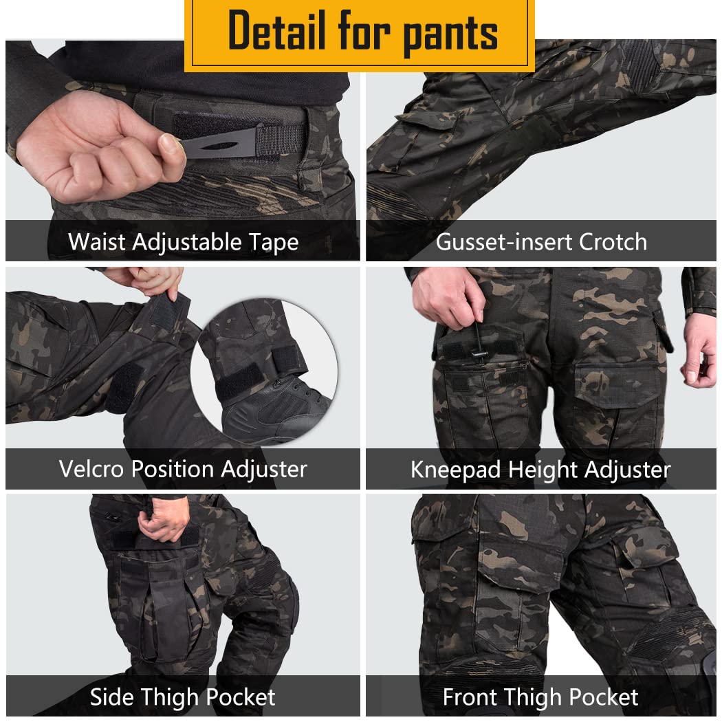 IDOGEAR Men G3 Assault Combat Uniform Set with Knee Pads and Elbow Pads Multi-Camo Camouflage BDU Clothing Tactical Airsoft Hunting Paintball Gear (Multi-Camo Black, Small)