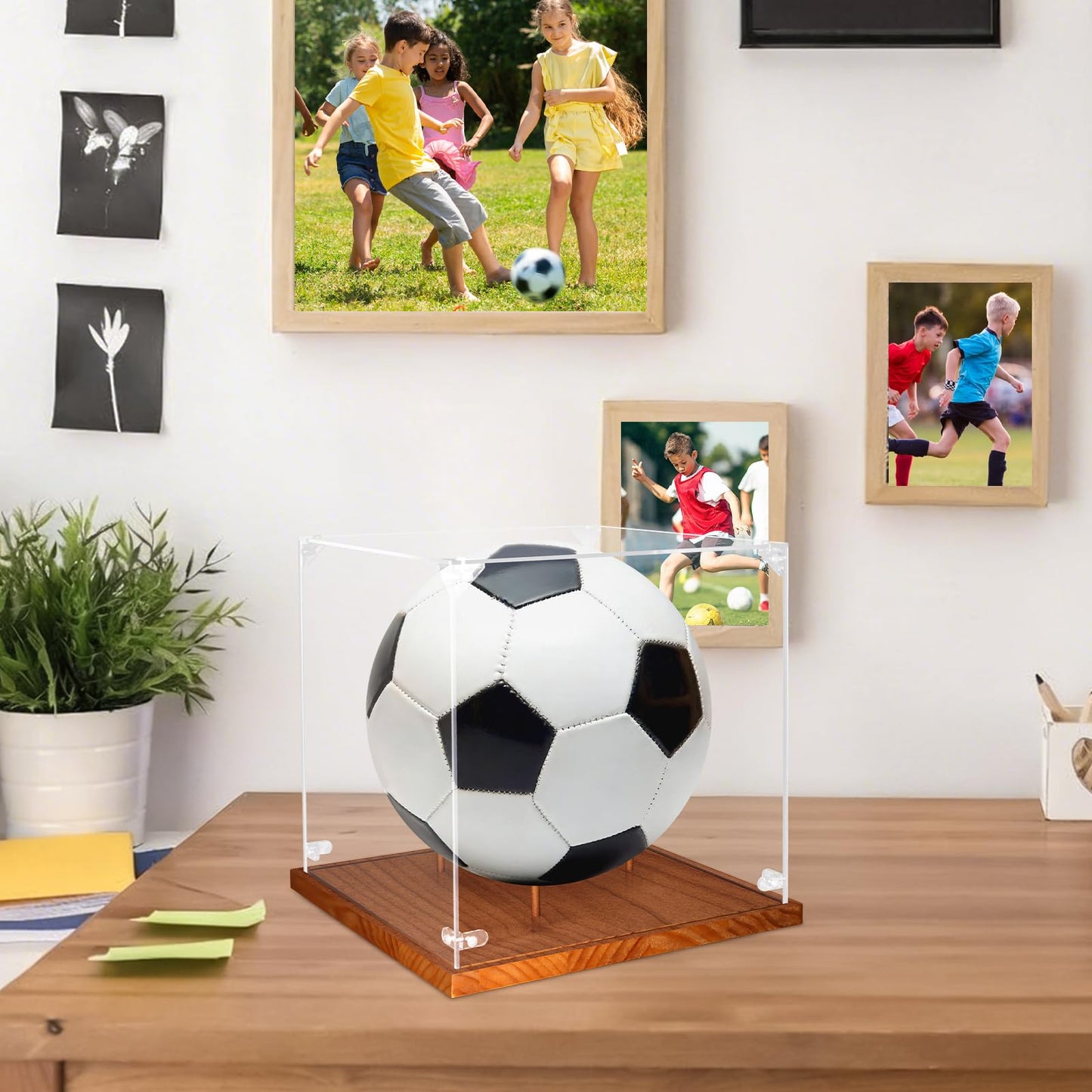 Clear Acrylic Soccer Ball Display Case with Wood Base & Tee, Memorabilia Stand Cube Holder, Dust Protection Transparent Storage Box for Single Ball Souvenir Soccer Ball Collections