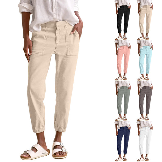 Linen Joggers for Women Casual Cropped Linen Pants High Waisted Tapered Leg Jogger Pants with Pockets Utility Ankle Length Chino Pants Cinch Bottom Trousers Petite Harem Pants Business Work Pants