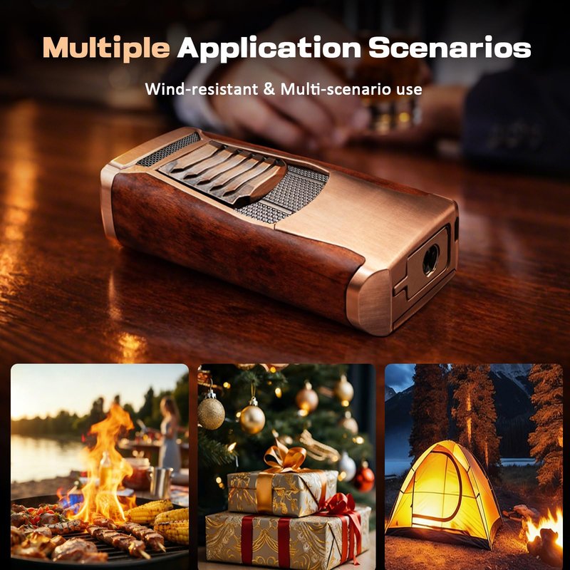 VloEssic All in One Butane Torch Lighter, Triple Jet Flame Windproof Lighter Built-in Cutter, Punch, Holder, Draw Enhancer, Refillable Butane Lighter for Candles, Cool Lighters Gift for Men (No Gas)