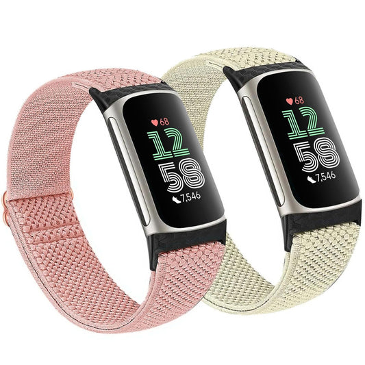 2 Pack Elastic Nylon Bands Compatible with Fitbit Charge 6 / Fitbit Charge 5, Classic Soft Breathable Adjustable Sport Smartwatch Replacement Wristband for Women Men (Starlight color+pink)