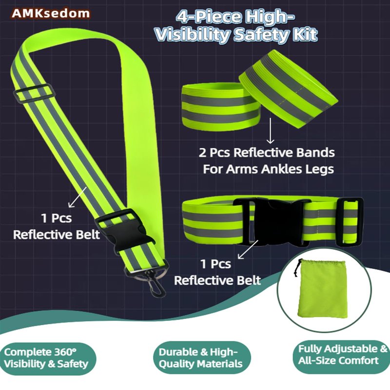 AMKsedom 4 Pcs Reflective Running Gear Set, Night Dog Walking Safety Gear, High Visibility Reflective Sash, Belt & Armband for Running, Cycling, Night Walking - Adjustable for Men, Women, Kids