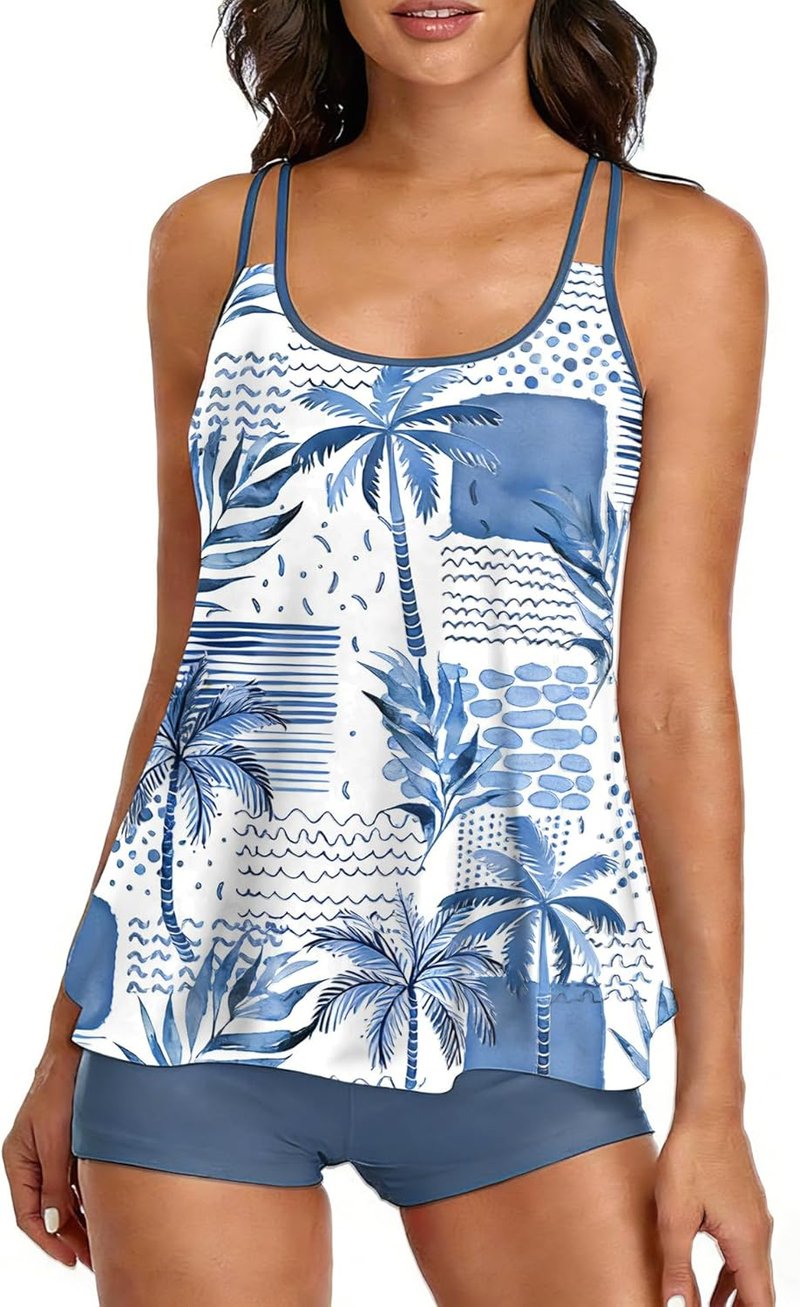 Two Piece Tankini Swimsuit for Women - Tummy Control Plus Size Long Torso Top & High Waisted Boyshorts